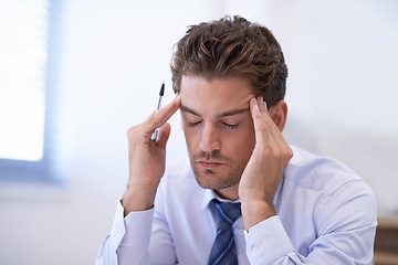 Image showing Headache, stress and business man with fatigue, pain and anxiety for overwork in office. Migraine, depression and professional massage temples for burnout, sick and tired agent frustrated in company