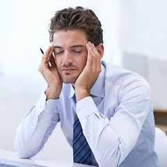 Image showing Fatigue, headache and business man with pain, stress and anxiety for overwork in office. Migraine, depression and professional massage temples for burnout, sick and tired person frustrated in company