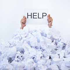 Image showing Person, office and hands with pile of documents, sign and help with burnout, stress and administration. Debt, bills and worker lost in paperwork, overworked and overwhelmed with pressure in crisis.