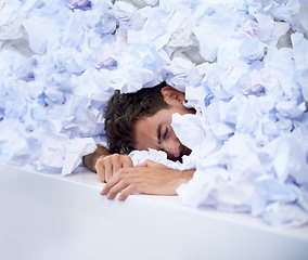 Image showing Man, desk and sleep with pile of documents, crisis and tired with burnout, stress and administration. Fatigue, audit and person lost in paperwork, overworked and overwhelmed with pressure in office.