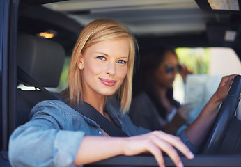 Image showing Woman, friends and map in car for road trip with happy direction, guide or information of location on a travel journey. Portrait of a driver or friends with safety, transport and ready for vacation