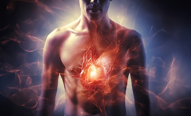 Image showing Vivid holographic animation depicts a heart attack within the human body, merging technology and medical education seamlessly.Generated image