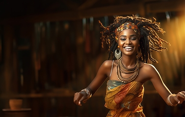 Image showing African American woman joyfully engages in traditional dance at a lively festival, showcasing the rich and dynamic expressions of her heritage