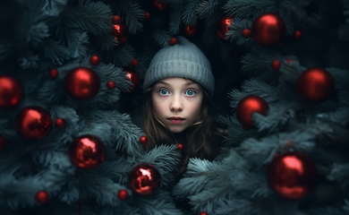 Image showing A young girl is surrounded by Christmas decorations and a beautifully adorned tree, exuding joy and excitement in the enchanting ambiance of the holiday season