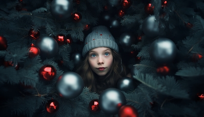 Image showing A young girl is surrounded by Christmas decorations and a beautifully adorned tree, exuding joy and excitement in the enchanting ambiance of the holiday season