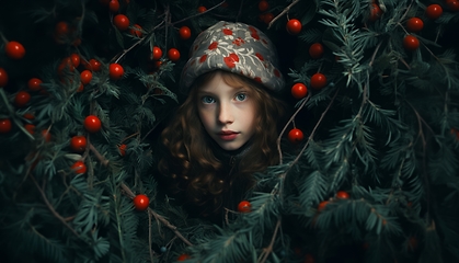 Image showing A young girl is surrounded by Christmas decorations and a beautifully adorned tree, exuding joy and excitement in the enchanting ambiance of the holiday season