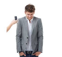 Image showing Businessman, camera or shy in studio for stress, anxiety or mockup for photography by white background. Entrepreneur, scared or hand of photographer, privacy and fear of paparazzi with panic attack