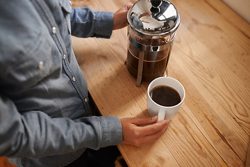 Image showing Hands, coffee plunger and barista in cafe, process and professional service in small business. Closeup, ground and waiter prepare espresso drink, port a filter or cappuccino beverage in shop