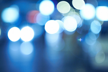 Image showing Bright lights, abstract and night with pattern, city and graphic against a blue background. Creativity, bokeh and blur with aesthetic and shining with colours and effect with circles and glowing