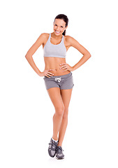 Image showing Fitness, smile and portrait of woman in studio for weight loss, health or wellness diet for energy. Happy, sports and slim female person for body exercise, workout or training by white background.