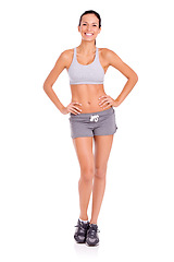 Image showing Sports, health and portrait of woman in studio for weight loss, nutrition or wellness diet for energy. Happy, fitness and female person for body exercise, workout or training by white background.