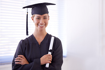 Image showing Graduate, certificate and portrait of happy woman with arms crossed at university. Face, graduation and confident student with diploma for education achievement, success and scholarship in Australia