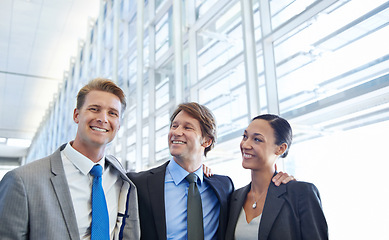 Image showing Management, office and smile for diversity, portrait and company with workspace for corporate. Business people, employee and teamwork for collaboration, trust and union for career or mentorship