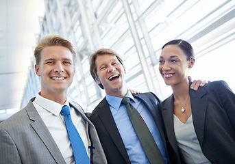 Image showing Business people, workplace and smile for diversity, portrait and company with office for corporate. Management, employee and teamwork for collaboration, trust and union for career or mentorship