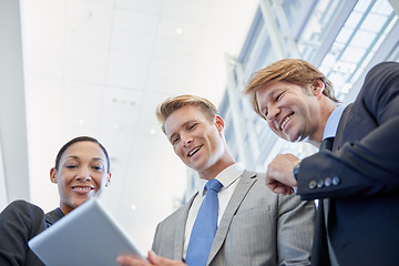 Image showing Business people, tablet and support for project in office, collaboration and unity for proposal. Staff, workplace and teamwork for reading a report, partnership and online for review and networking