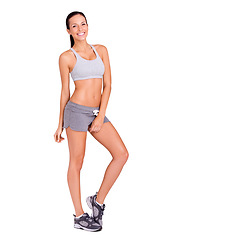 Image showing Sports, happy and portrait of woman in studio for weight loss, health or wellness diet for energy. Fitness, smile and slim female person for body exercise, workout or training by white background.