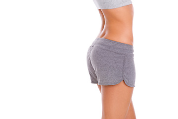 Image showing Closeup, behind and woman with fitness, health and model isolated on a white studio background. Person, mockup space and girl with sportswear and workout for wellness with progress and challenge