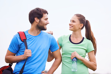 Image showing Fitness, couple in nature and workout outdoor, happy and healthy with partner, physical activity and support. People smile for wellness, exercise together in park and training for bonding with trust