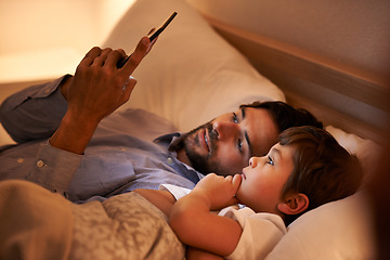 Image showing Home, father and son with tablet, night and family with storytelling and connection with social media. Dad, house and boy with technology and bedtime story with lights and bonding together with app