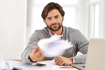 Image showing Portrait, frustration and businessman throwing documents at desk in office with annoyed or moody attitude. Tax, debt or report and irritated young employee in workplace with deadline problem
