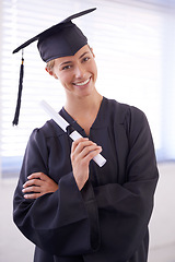 Image showing Graduate, diploma and portrait of happy woman with confidence at university. Face, certificate and student with arms crossed for graduation, education and achievement of success at college in Canada