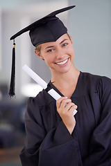 Image showing Graduation, certificate and portrait of happy woman at university for scholarship in Canada. Face, graduate or smile of student with diploma for education, achievement or celebrate success at college