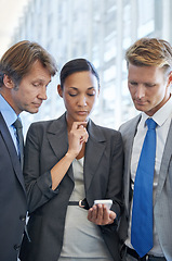 Image showing Business people, teamwork and tablet with conversation, group and planning with brainstorming. Cooperation, staff or manager with employees or technology with internet, partnership or digital app