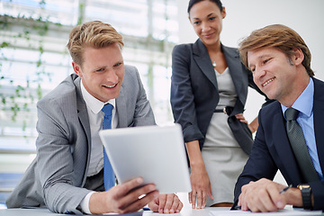 Image showing Business people, tablet and research for solution in office, collaboration and unity for proposal. Coworkers, workplace and teamwork for report, support and online for problem solving and networking