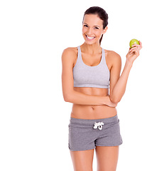 Image showing Happy, apple and portrait of woman in studio with snack for weight loss, health and wellness diet. Smile, nutrition and young female person eating organic and fresh fruit by white background.