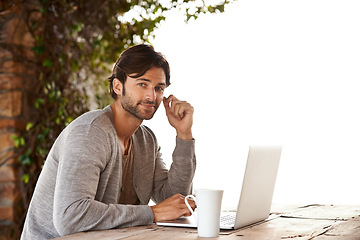 Image showing Businessman, laptop and portrait or smile outdoor with remote work, research and freelance writer. Entrepreneur, person or face with technology for typing and online planning in nature at coffee shop