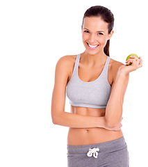 Image showing Wellness, apple and portrait of woman in studio with snack for weight loss, health and wellness diet. Happy, vitamin and person with organic, fresh and nutrition fruit by white background with mockup
