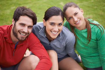 Image showing Fitness, sports and portrait of friends in field ready for practice, playing game and match outdoors. Happy, group and man and women on grass for training, exercise and workout together for wellness