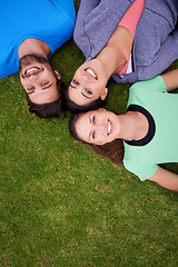 Image showing Group, people and top view, portrait for fitness on grass and relax after workout for health and wellness together. Exercise, training club for sports and active in nature, support and trust outdoor