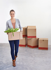 Image showing Portrait, new home and woman with boxes, moving and real estate with rental apartment and property. Person, plant and girl with achievement and personal development with package and house on a loan