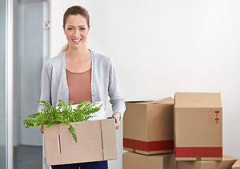 Image showing Portrait, new home and woman with boxes, real estate and house on a loan with rental apartment and property. Person, plant and girl with achievement and development with package, mortgage and moving