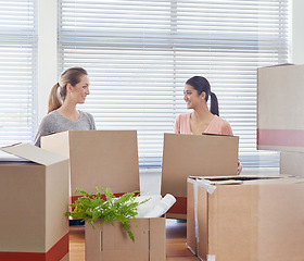 Image showing Office, boxes and women with planning, entrepreneurs and communication with conversation and cardboard. People, business and friends with new venture and beginning with achievement, excited and goals