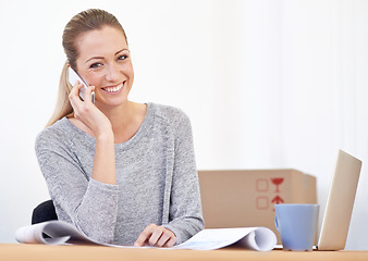 Image showing Happy, woman and portrait of phone call with blueprint of small business and renovation planning. Employee, conversation and paperwork of office development with mobile and moving at morning