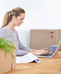 Image showing Entrepreneur, thinking and woman with a laptop, boxes and shipping with decision and startup. Person, employee and consultant with computer and ecommerce with courier and ideas with company website