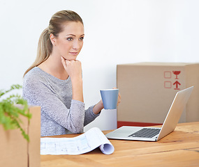 Image showing Coffee, thinking and woman with a laptop, boxes and smile with decision, documents and startup. Person, employee and entrepreneur with computer or tech with courier or ideas with planning or choice