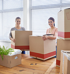 Image showing Portrait, startup and boxes with business people, cooperation and partnership with export and smile. Women, coworkers and staff with cardboard or career with collaboration and moving with joy