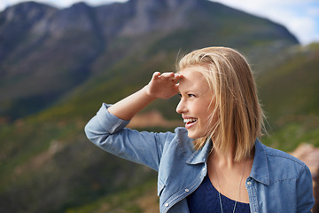 Image showing Female person, happiness and travel in nature for mountain as tourist in Cape Town to relax and peace. Woman, smile and excited for adventure on road trip for sightseeing, holiday and getaway