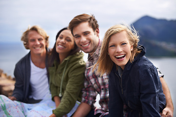 Image showing Happy friends, road trip and travel with group for fun holiday, weekend or outdoor getaway together in nature. Portrait of young people with smile for friendship, freedom or adventure on journey