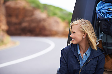 Image showing Woman, car and luggage in trunk on road trip for mountain adventure for camping destination, travel or journey. Female person, smile and transportation in Italy for explore environment, drive or fun