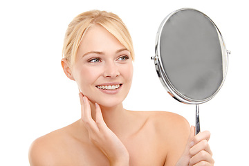 Image showing Face, mirror and woman with beauty for natural skincare and wellness on white background. Reflection, vanity and admiring clean skin with healthy glow, facial treatment and hygiene with smile