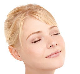 Image showing Beauty, smile and woman in studio with natural, health and wellness face routine for cosmetics. Happy, calm and young female person with facial dermatology treatment for glow by white background.