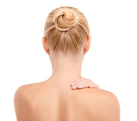 Image showing Beauty, back and woman in studio for wellness, glowing skin or treatment on white background. Dermatology, shine or behind isolated female model posing with cosmetic, results or soft bodycare comfort