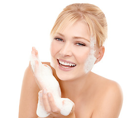Image showing Female person, portrait and foam on face for skincare with glycerine, peptides and soap for clear skin. Woman, white background and fresh for beauty, hygiene and treatment for wellness and self care