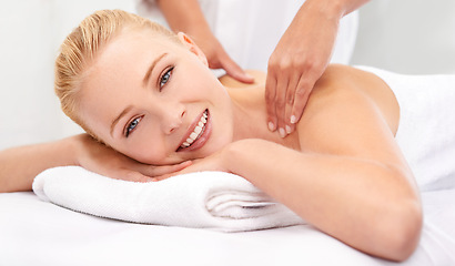 Image showing Spa, hands and happy woman portrait on massage table for stress relief body treatment at wellness resort. Zen, luxury and face of lady on vacation at Thailand salon with masseuse healing or therapy