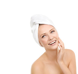 Image showing Hair, towel and thinking by happy woman with mockup in studio for shampoo or cosmetics on white background. Haircare, face and female model brainstorming DIY ideas for beauty, treatment or wellness