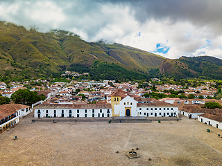 Image showing Aerial view of the Plaza Mayor, largest stone-paved square in South America, Villa de Leyva, Colombia